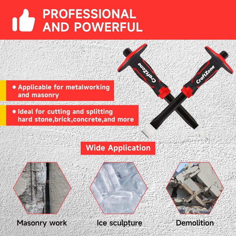 CRAFTZONE Masonry Chisel Set - 2-Piece Heavy Duty Pointed & Flat Rock Chisels, Concrete Stone Chisel with Hand Protection for Brick Breaking Carving Splitting Cutting Mason Tools - Image 2